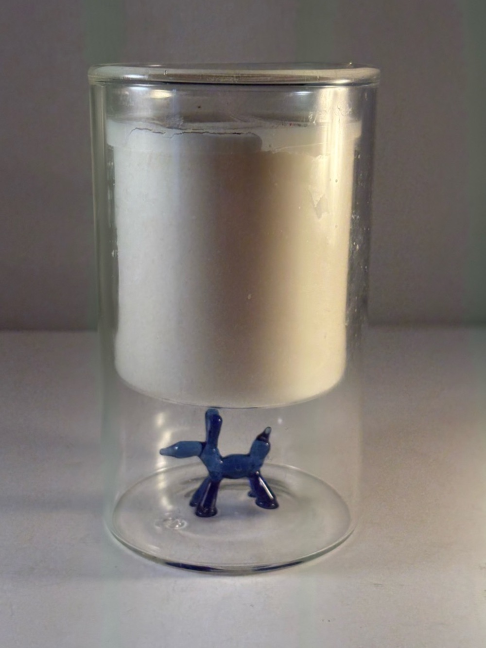 Unique Candle Holder Clear Glass With Blue Balloon Dog Sculpture On Base 5.75”